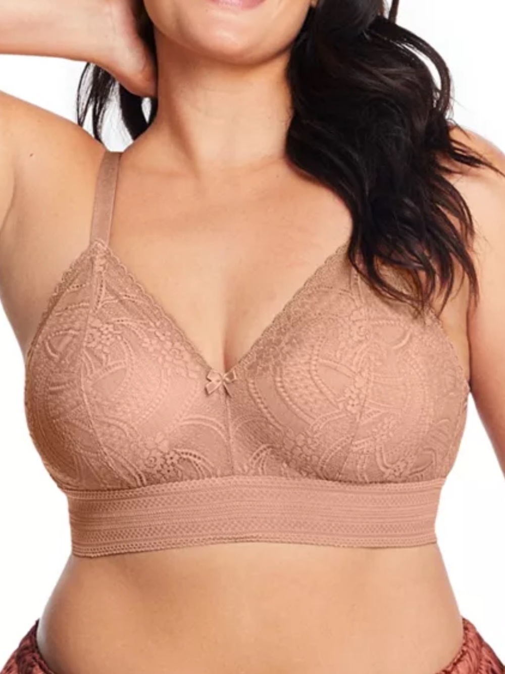 Glamorise Plus Size Full Figure Luxe Lace Wireless Bralette 7012 Cappuccino 46F